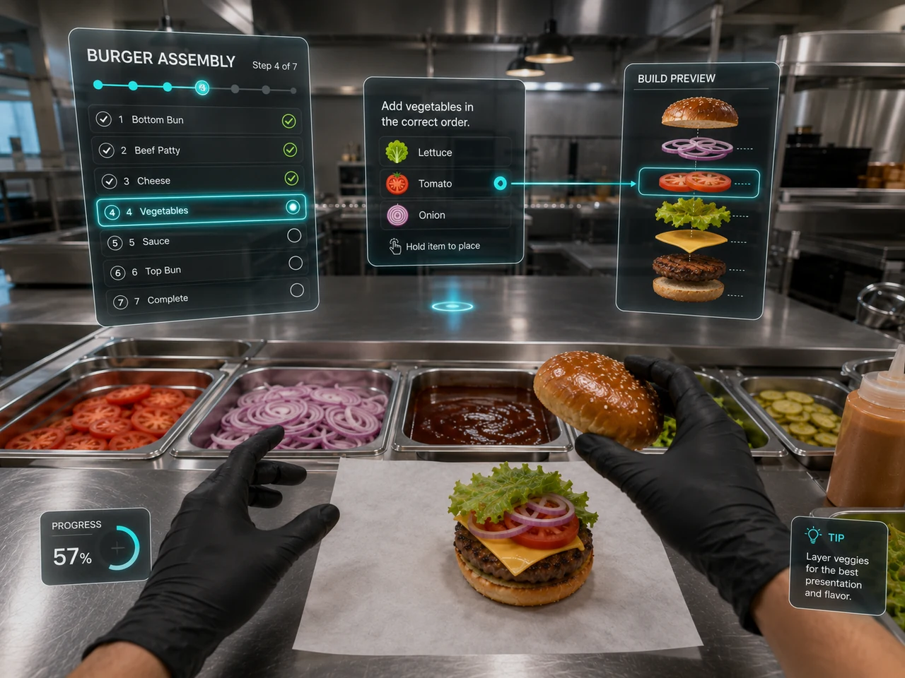 Interactive first-person VR burger assembly training