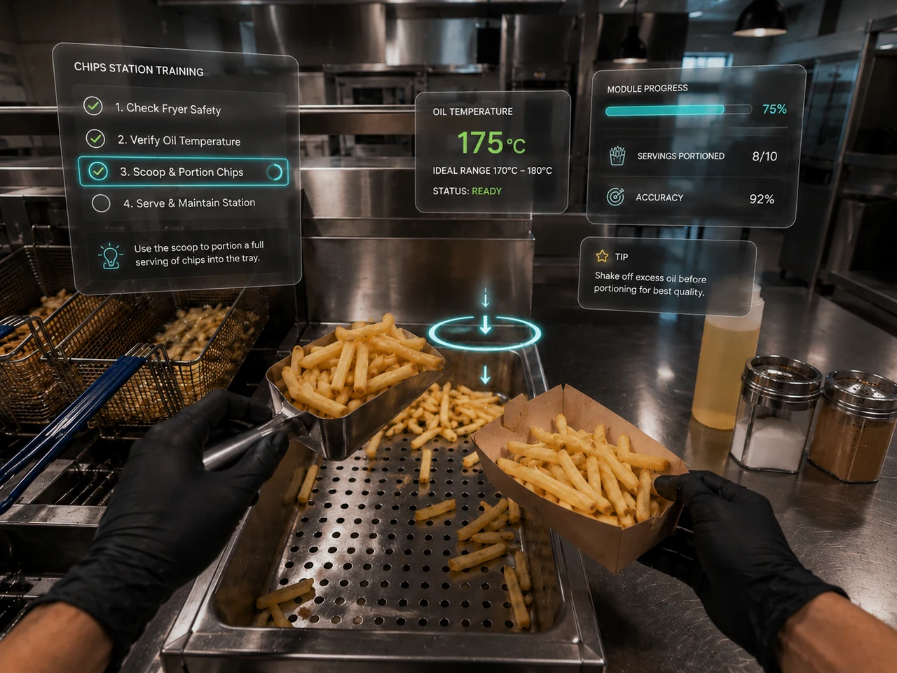 Interactive first-person VR chips station training