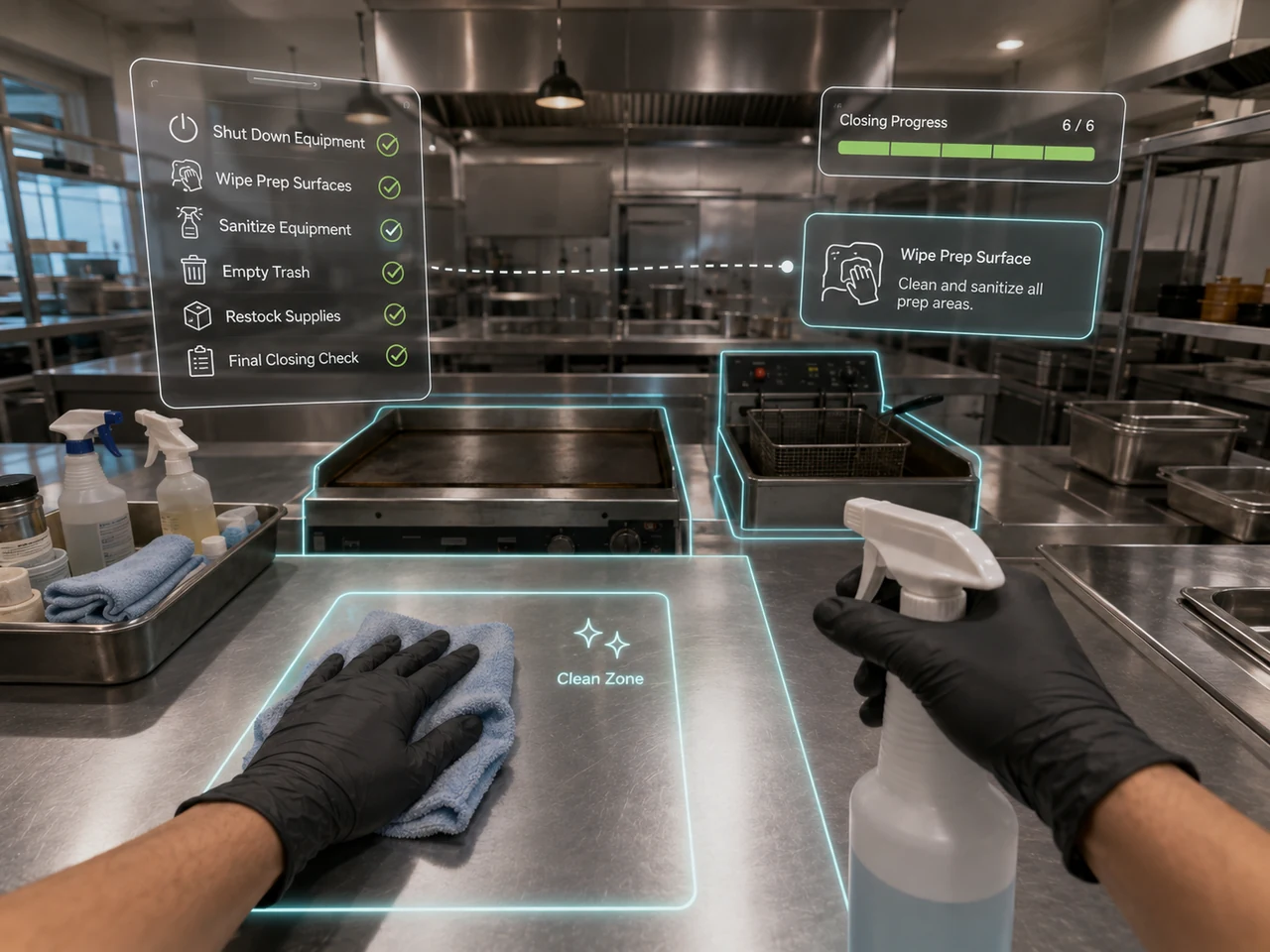 Interactive first-person VR cleaning and closing procedures training