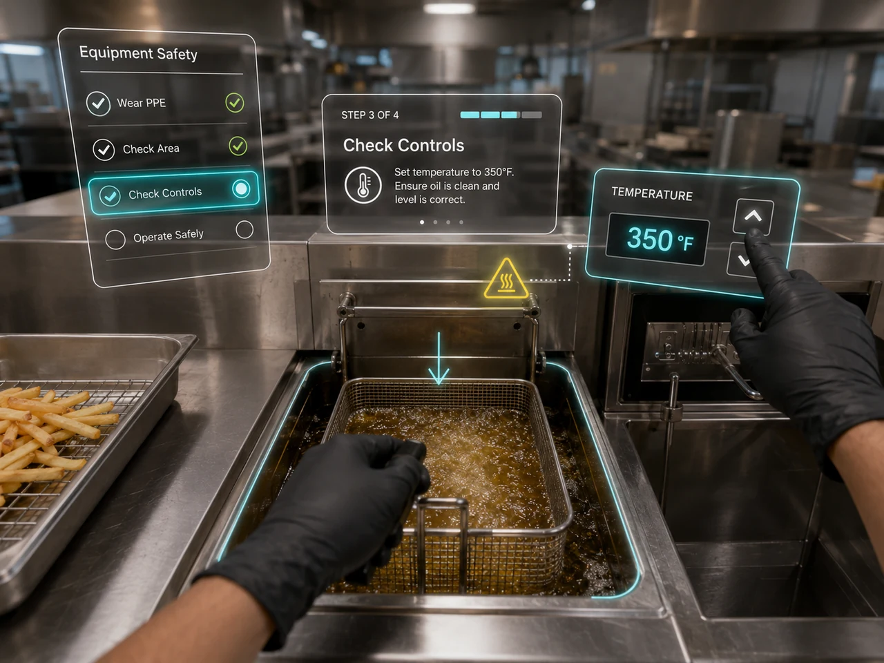 Interactive first-person VR kitchen equipment handling training