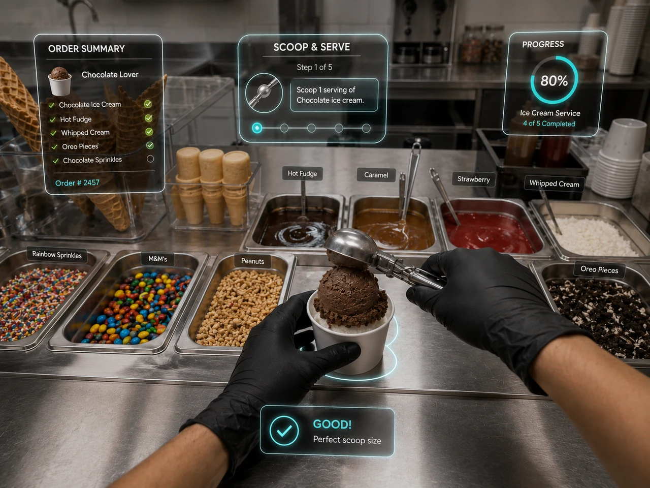 Interactive first-person VR ice cream service training