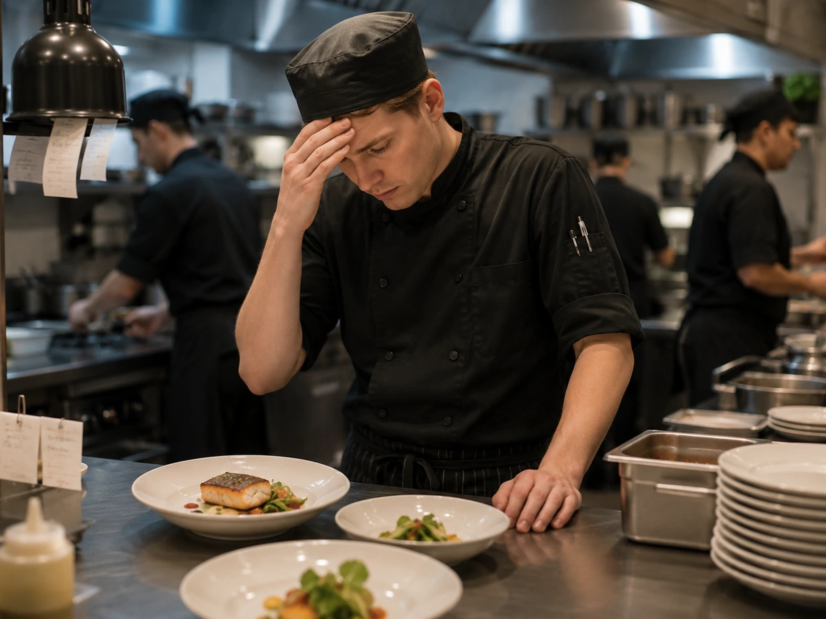 New kitchen staff member feeling stressed during busy commercial kitchen service