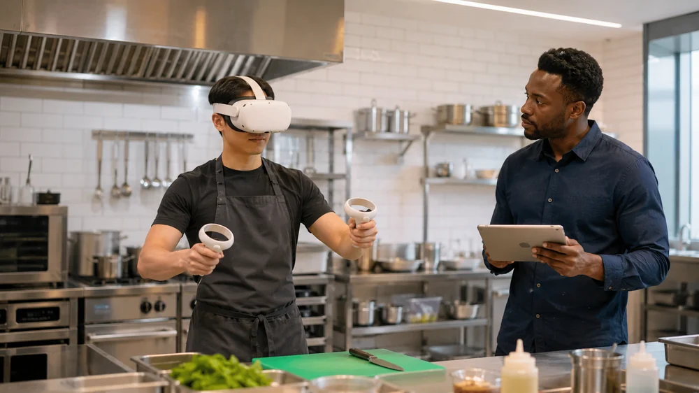 VR trainee practising kitchen workflow with supervisor reviewing on tablet
